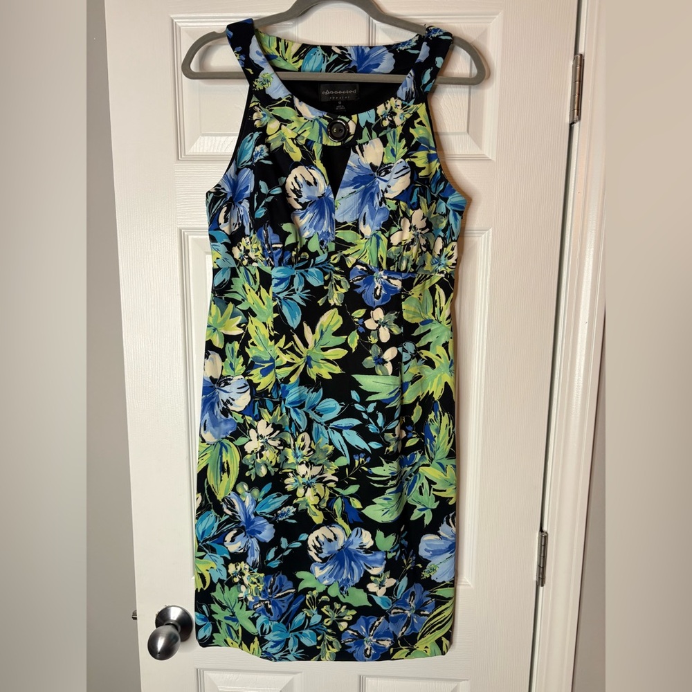 💛Connected Apparel Blue and Green Floral Midi Dress, Size 12